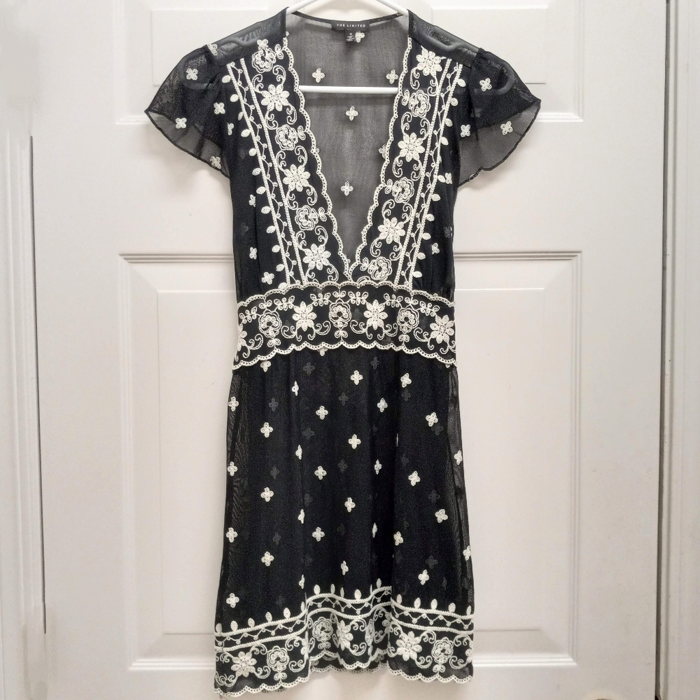 Vintage The Limited Y2K Babydoll Top Black Medium Sheer Embroidered Whimsigoth